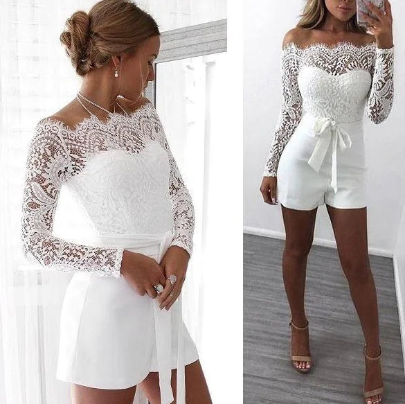 Lace Long Sleeve Jumpsuit with Tie and Chiffon Shorts