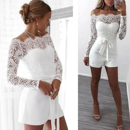 Lace Long Sleeve Jumpsuit with Tie and Chiffon Shorts