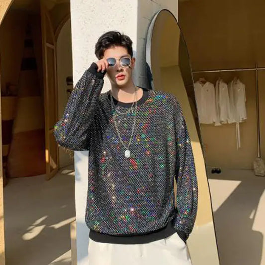 Korean Long Sleeve Sequined T-Shirts for Men
