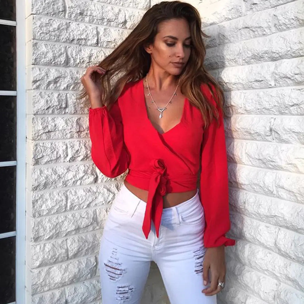 Sexy Slim Fit Long Sleeve Knotted Crop Top